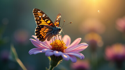  Close-up microphotography of a tiny glowing fairy butterfly landing on a flower, soft magical light, children’s illustration style