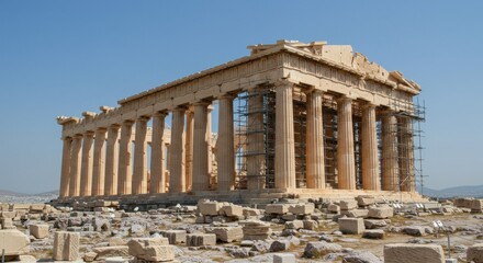 Obraz premium The Parthenon on the Acropolis, an ancient Greek temple with majestic columns under a clear blue sky.