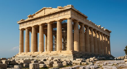 Fototapeta premium The Parthenon, a historic temple in Athens, Greece, under a bright, blue sky.