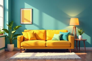 Modern yellow vector sofa, cozy apartment, plant, lamp , home, sofa