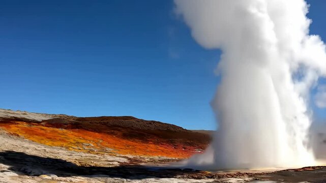 Erupting geyser with colorful mineral deposits and steam plumes in a geothermal field against a bright blue sky on a sunny day, landscape format.