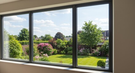 Naklejka premium A bright sunny day shows a vibrant garden with lush greenery as seen through a window.