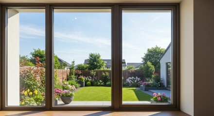 The inviting view of a lush, green garden is framed by large glass doors on a sunny day.