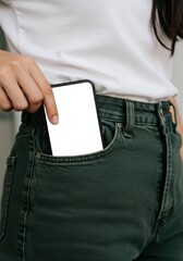 A smartphone is taken from a jeans pocket, showcasing a blank white screen ready for display.