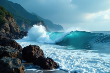 Obraz premium Powerful ocean waves crashing on a rocky shore, creating white foam and spray , power, horizon, surf