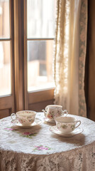 Antique teacups and creamer rest on a lace tablecloth by a sunlit window