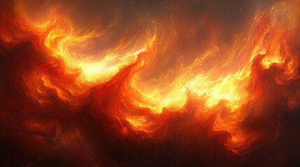 Fiery abstract art depicting swirling, incandescent clouds of orange and red, resembling a celestial inferno or fiery landscape