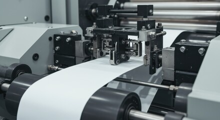 Fototapeta premium An industrial paper processing machine in operation with intricate mechanical elements and rollers.