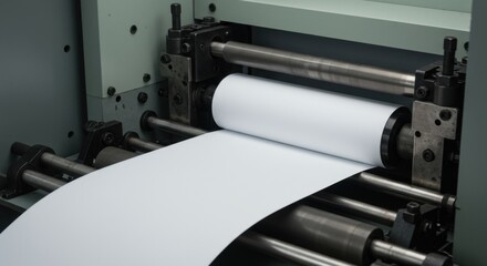 Fototapeta premium Close-up of an industrial machine rolling out a continuous sheet of white paper.