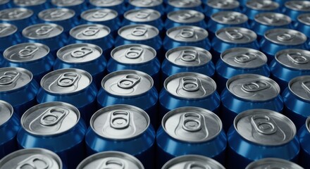 A large group of blue beverage cans with silver tops are arranged in a grid pattern, top-down view.