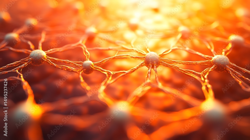 Poster intricate neural network design illuminated by warm light.