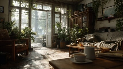 Fototapeta premium Cozy Living Room Bathed in Morning Sunlight with Open Windows