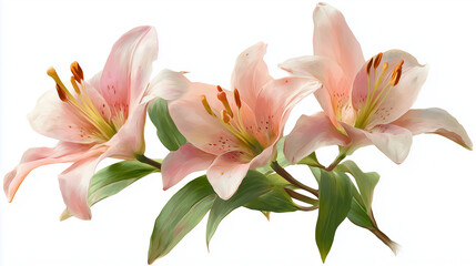 Soft pink lilies with green leaves gently curving outward, isolated on white. 