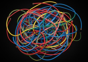 A vibrant, colorful tangle of electrical wires forming a complex, intertwined pattern against black.