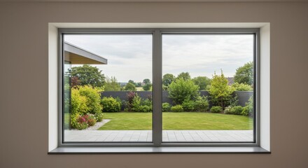 A wide window frames a serene view of a well-maintained garden and lush green yard outside.