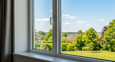 Fototapeta premium A window provides a scenic view of homes, lush trees, and a bright blue sky on a sunny day.