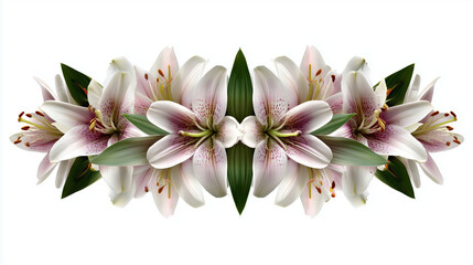 Naklejka premium Stylized symmetrical composition of blooming lilies aligned horizontally, white backdrop