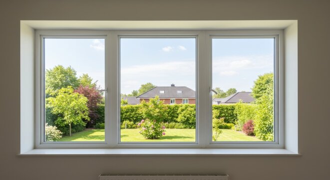 Fototapeta A bright window offers a beautiful view of a lush green backyard on a sunny day.