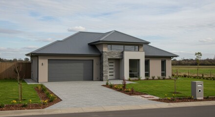 A stunning modern home with a spacious front yard and a gray roof under a cloudy sky.