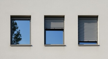 Three windows with different roller shutter positions on a white building exterior.