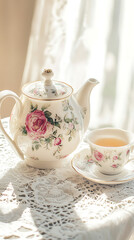 A floral teapot and teacup sit on a lace tablecloth in sunlit room