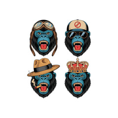 Colorful Angry Gorilla Head Vector Set with Crown, Hat, Cap, and Pilot Helmet