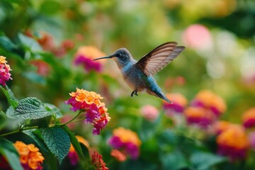 Fototapeta premium Hummingbird Hovering Near Colorful Flowers in Garden, Representing Natural Beauty and Environmental Awareness for Conservation Campaigns : Generative AI