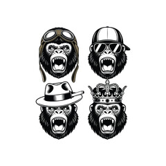 Fototapeta premium Angry Gorilla Head Vector Set with Pilot Helmet, Cap, Hat, and Crown