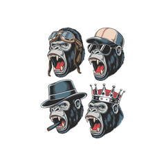 Stylized Angry Gorilla Head Vector Set with Hats, Crown, and Cigar in Color
