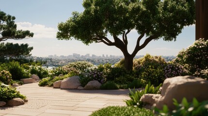 A peaceful garden with lush greenery, stone paths, and a distant city skyline under a clear sky.