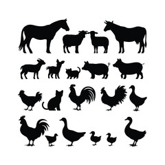 Black Silhouette Collection of Farm Animals and Poultry Isolated on White Background