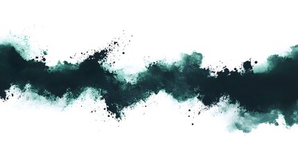 Obraz premium Horizontal band of teal and dark teal paint splatter. The splatter design has various textures including washes, drips, and spots on a white background.