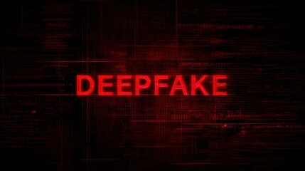 Fototapeta premium Bold glowing word DEEPFAKE on dark red background showing media warning concept tracked by deepfake detectors, deepware scanner, sensity ai