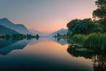 Obraz premium Calm Lake Reflecting Mountains at Sunset, Illustrating Serenity and Environmental Conservation for Tourism Marketing Campaigns : Generative AI