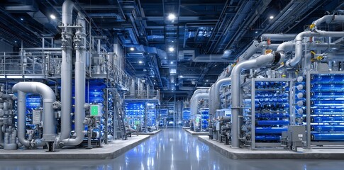 Fototapeta premium The interior of a hydrogen production and processing facility features large storage tanks accompanied by nearby pipes, as envisioned by Stock for H2 manufacturing