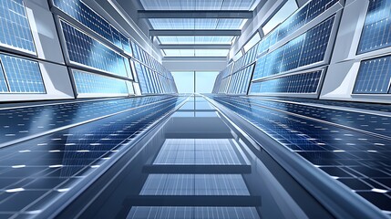 Perspective view of a futuristic corridor lined with solar panels.