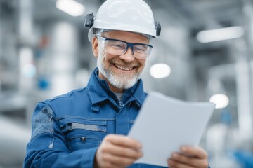 A helmeted man in uniform is seen reading documentation at a gas plant, where his role involves quality and safety control, either as an inspector or an engineer