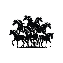 Group of Wild Horse Silhouettes in Motion on White Background