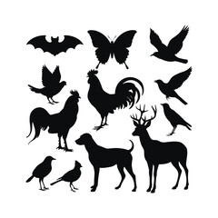 Animal Silhouette Vector Set – Birds, Deer, Dog, Bat, and Butterfly Icons
