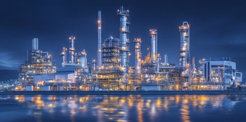 Fototapeta premium A hydrogen power plant featuring large steel tanks and pipes represents a green renewable energy production facility, embodying the H2 energy concept, along with stock