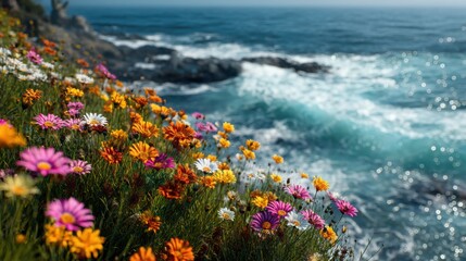 Colorful Daisies Bloom on Coastal Cliff Overlooking Ocean Waves, Symbolizing Natural Beauty and Environmental Awareness for Travel and Tourism Campaigns : Generative AI