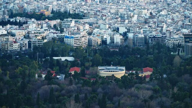 Aerial panoramic view of Zappeion Hall surrounded by the vibrant city of Athens