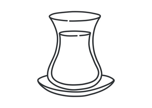 Line art doodle of traditional Turkish tea glass armuda with saucer. Hand drawn black and white sketch of hot drink. Isolated minimal illustration for design and culture projects.