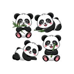 Cute Cartoon Panda Vector Set with Bamboo in Different Poses