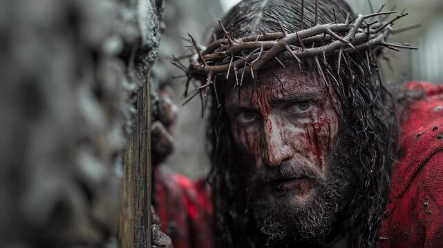 Jesus Christ in the crown of thorns carries the cross. The suffering of Christ, Carrying the cross, The Passion of Christ, Christ in the crown of thorns, The way of the cross, Resurrection. For Christ