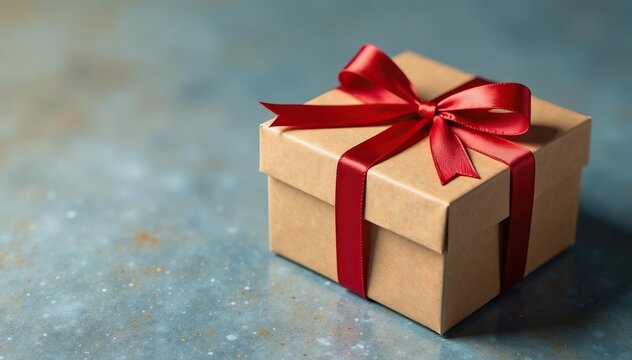 Elegant kraft parcel gift box with satin ribbon , delivery, flat lay