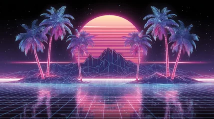 Fototapeten The illustration depicts a synthwave landscape with a tropical sunset, complete with palms, and incorporates elements of 80s and 90s Retrofuturism, featuring a retro wave cyber grid and neon lights © Bundi