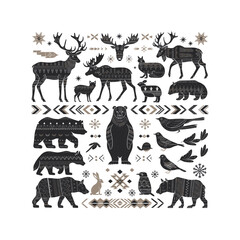Scandinavian Forest Animals Silhouette Set – Bear, Deer, Birds and Tribal Pattern Vector