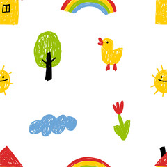 Children drawing, cute kids painting. Cute playful sketching with pencil. Hand drawn doodle style. Flat vector illustration isolated on white background