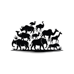Wild Animal Silhouette Set – Elephant, Rhino, Camel, Giraffe, Lion, Ostrich Vector Collection